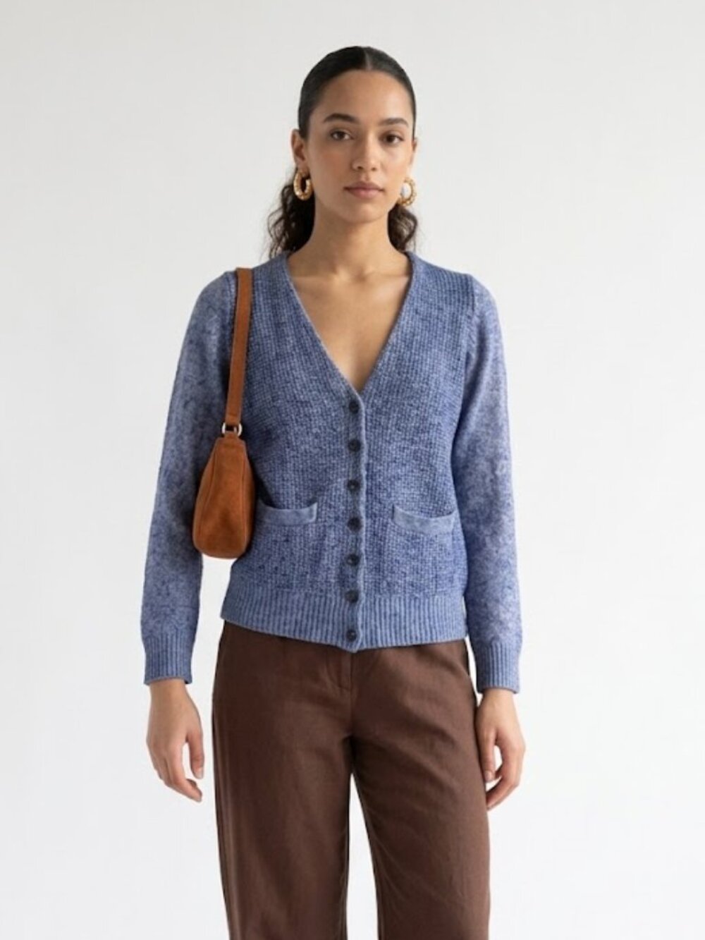Wallace Marled Denim Blue Wool Yak Button Cardigan Sweater M